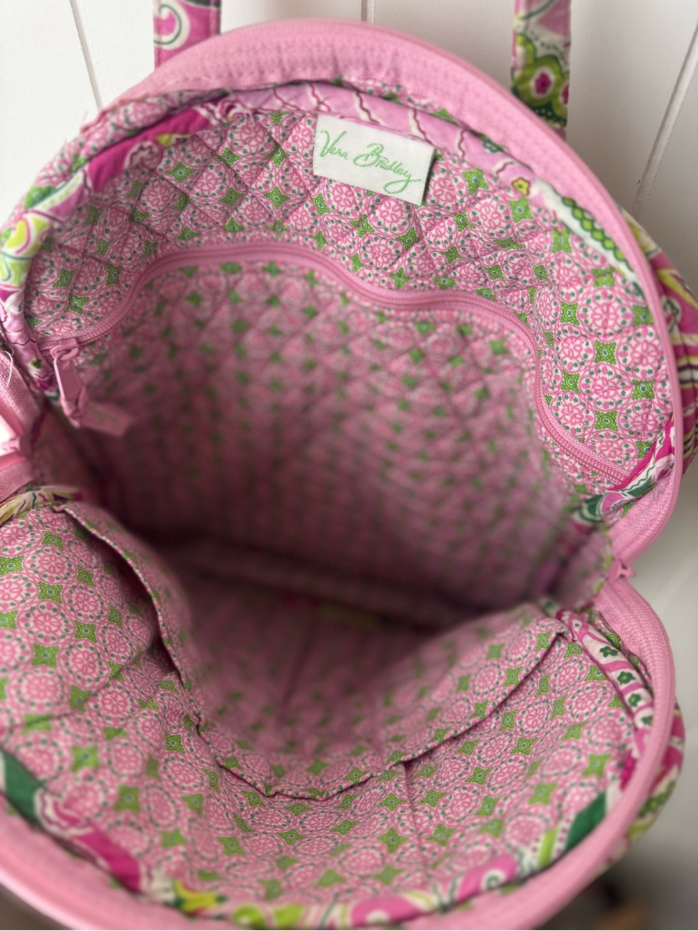 Vera Bradley Pink Green Zip Tall Tote Shoulder Bag Pinwheel Pink Retired - Picture 9 of 10